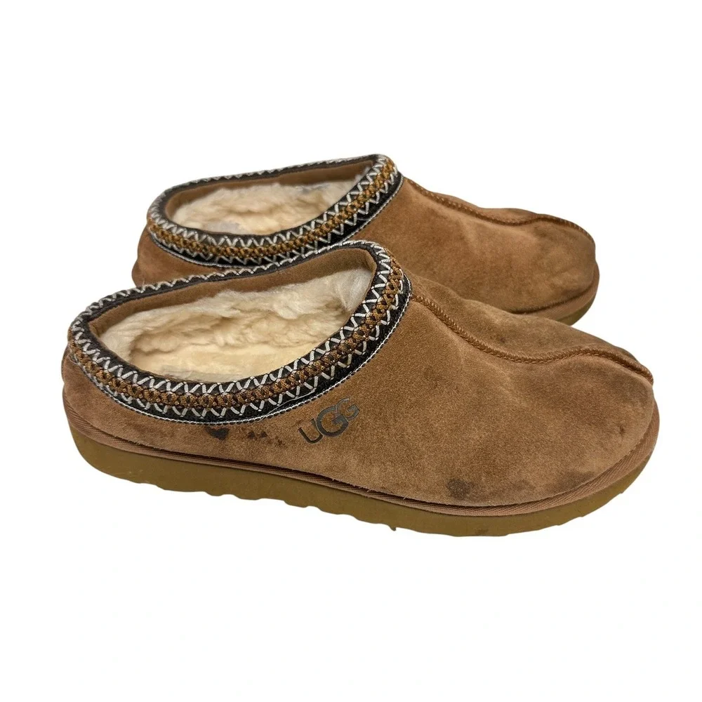 UGG Tasman Slippers Women 9.5/10 Chestnut Brown Suede Sheepskin Braid Trim - Picture 2 of 8